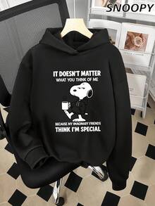 Winter Women's Fleece-Lined Hooded Sweatshirt With Print "IT DOESN'T MATTER" Snoopy Cute Long-Sleeved - Black - View 1