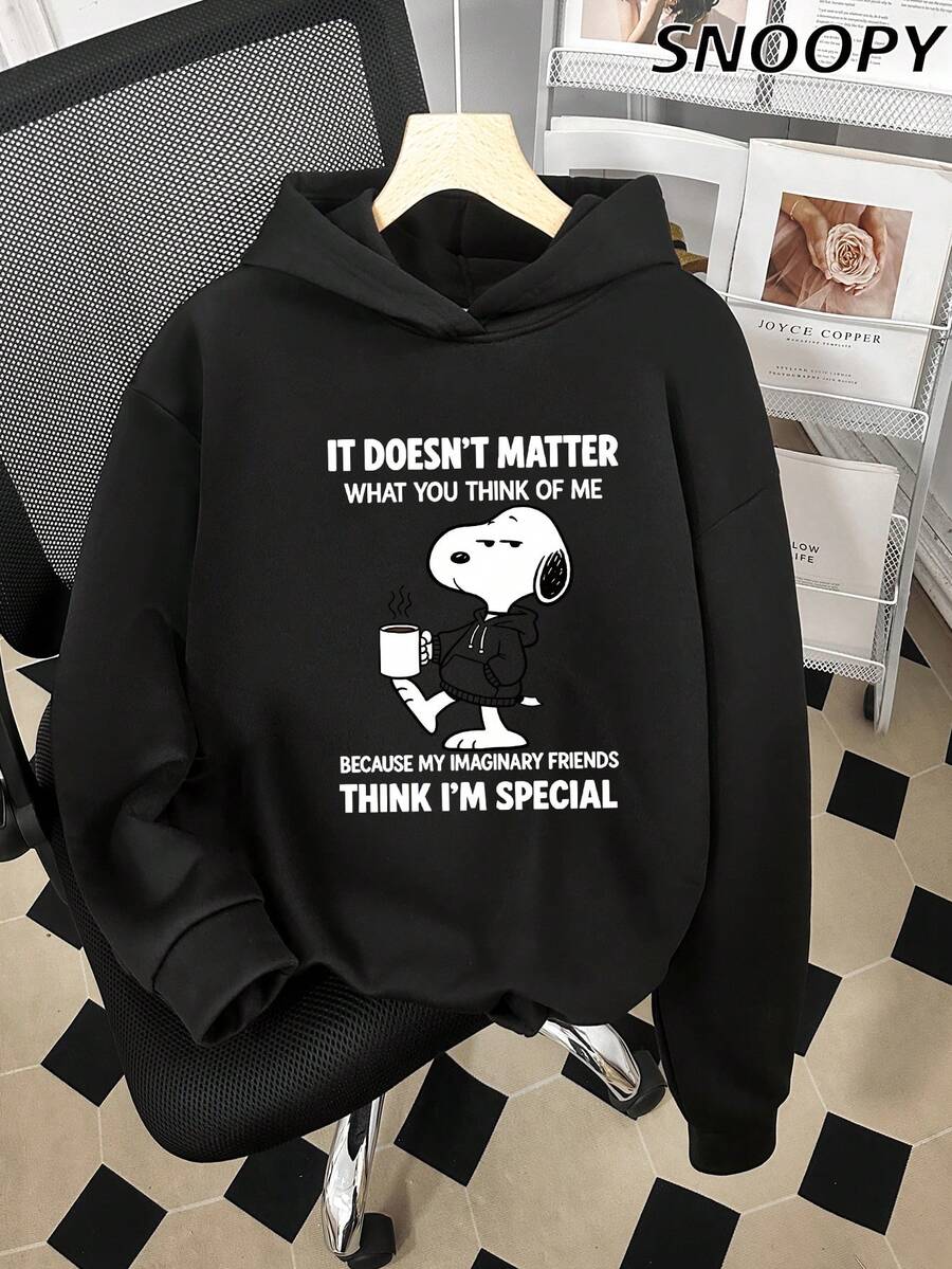 Winter Women's Fleece-Lined Hooded Sweatshirt With Print "IT DOESN'T MATTER" Snoopy Cute Long-Sleeved - Black - View 1