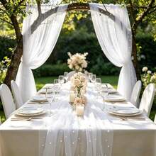 1pc White Pearl Embellished Sheer Fabric, Suitable For Table Runner, Ceremony Backdrop, Home Decor, Room Decoration, Birthday Party Decoration, Wedding Ceremony Decoration, Creating Romantic Atmosphere - Multicolor - View 2
