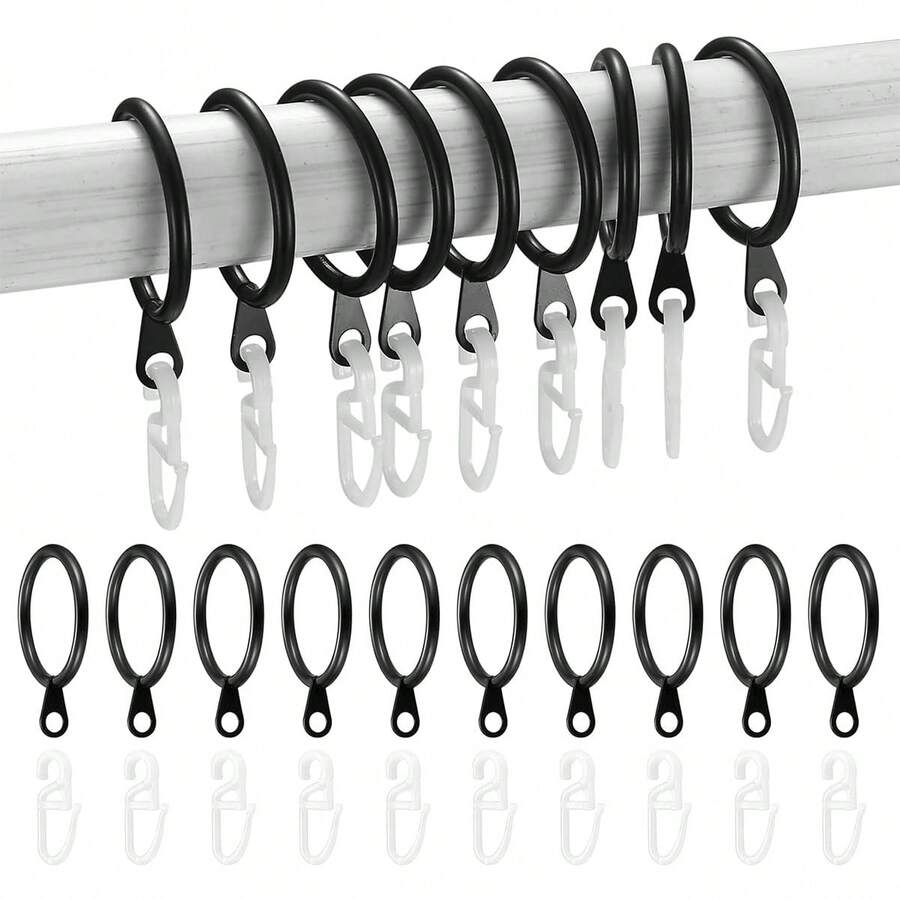 20/60/100pcs (10 Metal Rings & 10 Plastic Hooks / 30 Metal Rings & 30 Plastic Hooks / 50 Metal Rings & 50 Plastic Hooks) With Plastic Hooks Metal Curtain Rings Hanging Rings And Curtain Hooks Window Shower Rings, 30mm/1.18in Diameter (Black, Silver)