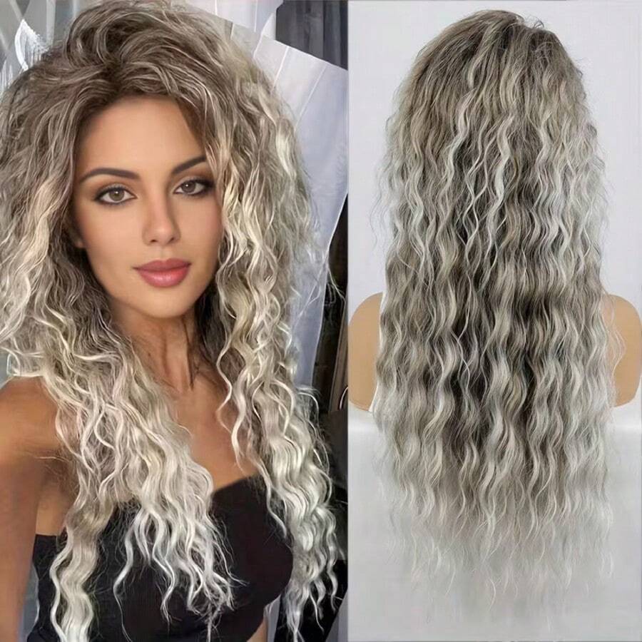 71.12cm Long Curly Wig, Gradient Gold Brown, Heat-Resistant Synthetic Fiber, Breathable Elastic Mesh Cap, Suitable For Daily Wear, Halloween Wig, Suitable For Beginners