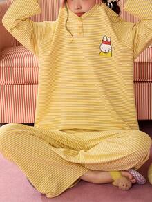 Gongdie 2pcs/Set Miffy Women's Pajama Set, Autumn Yellow Striped Soft Modal Cotton Loungewear With Pockets - Yellow - View 1