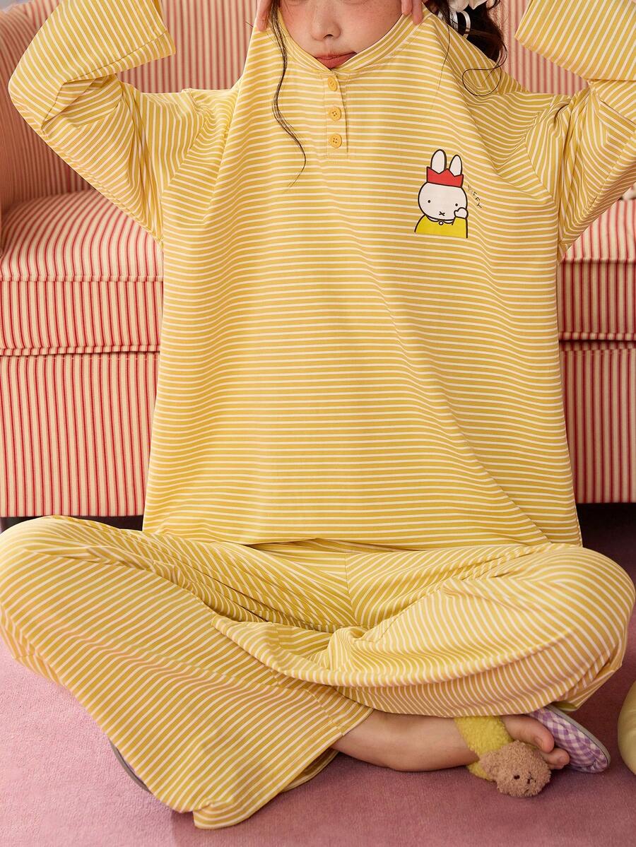 Gongdie 2pcs/Set Miffy Women's Pajama Set, Autumn Yellow Striped Soft Modal Cotton Loungewear With Pockets - Yellow - View 1