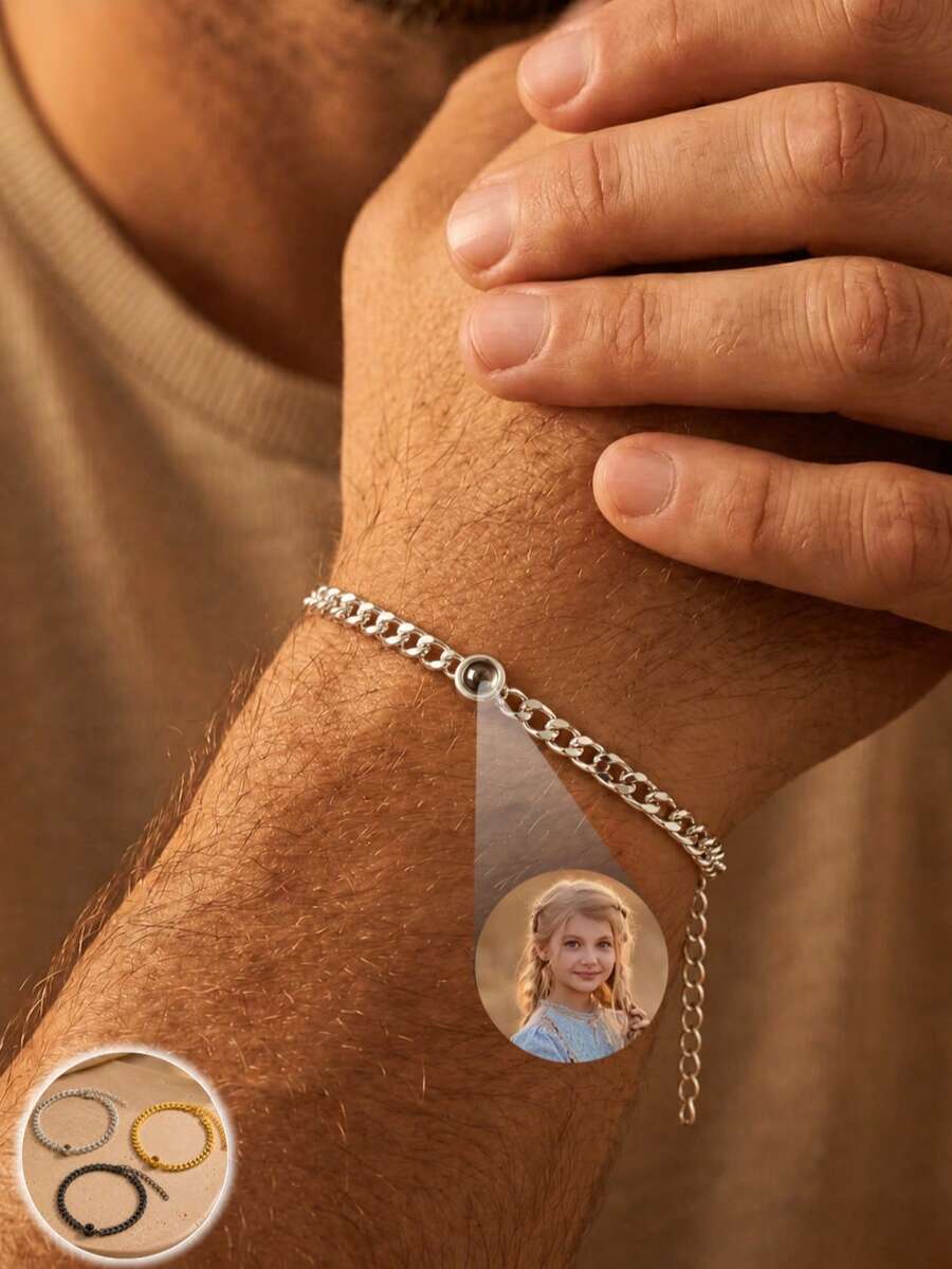 1PC Customized Men's Photo Projection Bracelet, Thick Cuban Chain Projection Bracelet, Stainless Steel Material, Couple Style Customizable Color Photo, Personalized Projection Bracelet, Minimalist Rugged Cuban Chain Design, Suitable For Men And Women, Gift For Boyfriend/Girlfriend, Practical And Thoughtful Father's Gift, Preserve Precious Moments, Atmospheric Private Customized Jewelry Accessory - Projection Bracelet - View 1