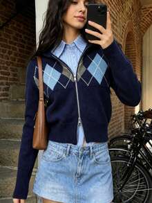 Women's Collegiate Style Argyle Knit Zip-Up Cardigan Sweater, Suitable For Autumn Casual Style, Medium Stretch Regular Length Pullover - Navy Blue - View 1