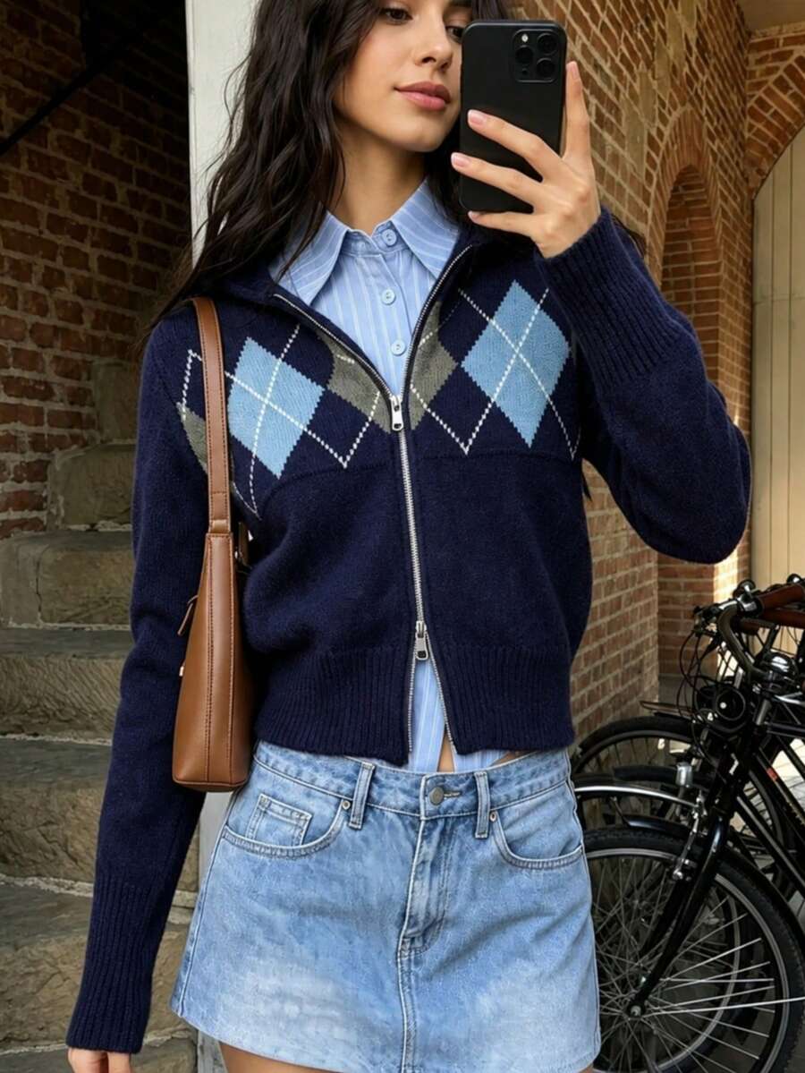 Women's Collegiate Style Argyle Knit Zip-Up Cardigan Sweater, Suitable For Autumn Casual Style, Medium Stretch Regular Length Pullover - Navy Blue - View 1