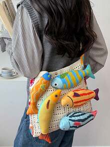 附3D彩色魚毛絨吊飾鏤空編織輪廓托特包，趣味森系風格，適合旅行、購物、度假、出遊，大容量單肩包，營造活潑氛圍 - 彩色 - 查看 7