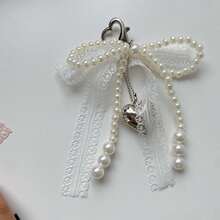 1PC-2pcs Plastic Sweet Pearl Bow Keychain Heart Shaped Lace Pendant Korean Y2K Car Keychain Bag Accessories Simple Girlish Heart - Multicolor - View 9