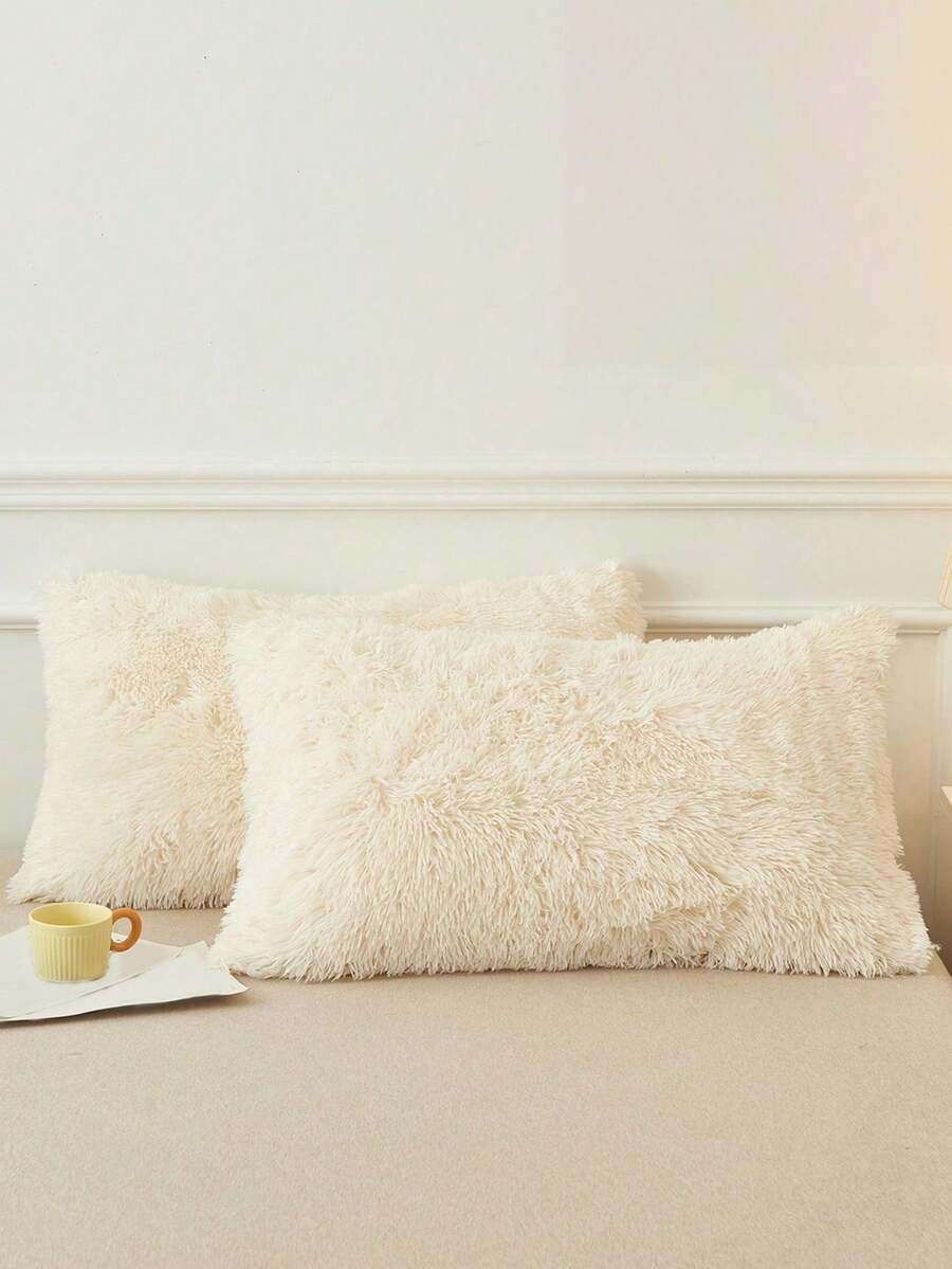 2pcs Beige Plush Pillow Covers, Zipper Closure, Suitable For Bedroom, Living Room, Sofa, Chair, Soft And Comfortable, Home Decor Cushion Covers, Pillow Inserts Not Included - Beige - View 1