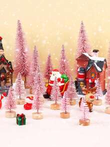6pcs/1pc Christmas Tree DIY Bottle Brush Trees Pink Plastic Sisal Trees Miniature Snow Frost Fir With Wood Base For DIY Crafting,Displaying,Desktop Home Decoration Christmas Decoration - Multicolor - View 3