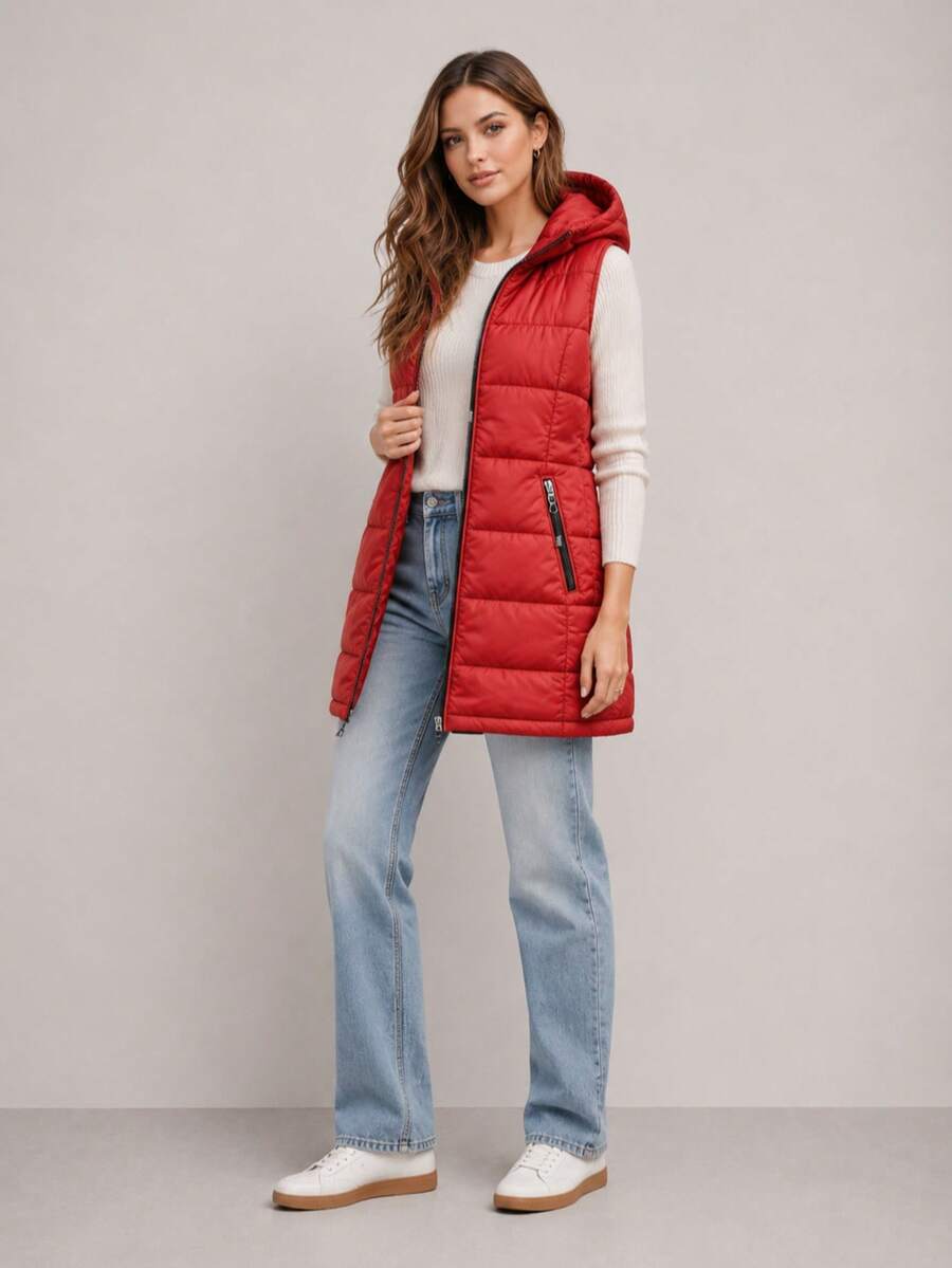 Women's Hooded Vest With Detachable Hood, Two-Way Zipper, 2 Pockets, Synthetic Down, Mid-Thigh Length, Spring/Autumn Casual - Red - View 1