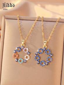 Hihho 1pc Evil Eye Floral Wreath Pendant Necklace, Multicolor Zirconia Options, Hollow Floral Wreath Circular Design, Inlaid With Evil Eye Pattern, Symbolizing Good Luck, Perfect Gift Accessory - Wreath - View 6