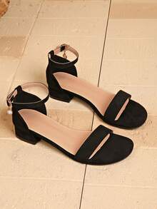 Women's Solid Color Bohemian Fabric Buckle One-Strap Beach Sandals, Chunky Low Heel, Back Strap, Spring/Summer - Black - View 2
