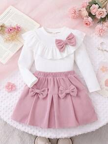 Girls Sweet Bow 2 Pieces Set, Ruffle Ribbed Long Sleeve Base Layer + Double Bow Corduroy Pleated Skirt, Soft Skin-Friendly Fabric, Gentle Spring/Autumn Outfit For Young Girl - Multicolor - View 2