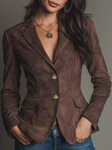 Women's Brown Suede Blazer, Long Sleeve, Button Detail Collar, Suede Fashion Autumn Jacket - Coffee Brown - View 2