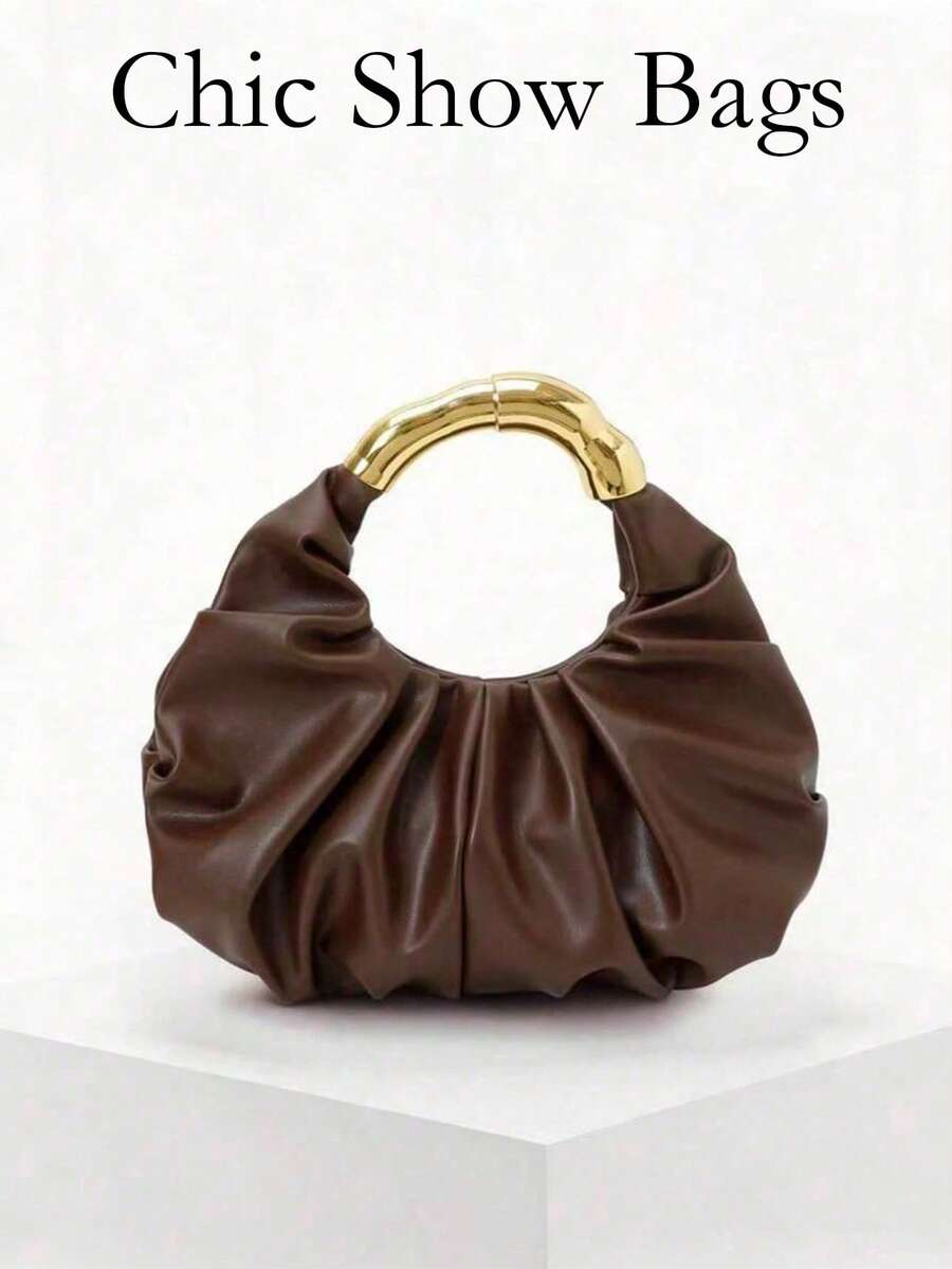 Dedoo New Fashion Versatile Heavy Metal Hardware Pleated Large Capacity Cloud Tote Bag - Coffee - View 1