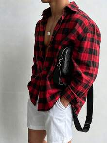 Cotton Plaid Business Casual Shirt (Red Holiday Color/Christmas Color) - Red - View 4