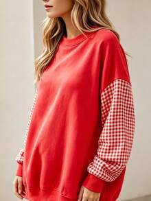 2026 Women Oversized Striped Crew Neck Sweatshirt, Long Sleeve Loose Drop‑Shoulder Pullover For Daily Street Look Dating Weekend Friend Gathering - Red - View 4
