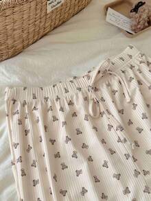 Nina Bonheur 2pcs Women's Round Neck Long Sleeve Top + Elastic Waist Long Pants Pajamas Homewear Set - Beige - View 7