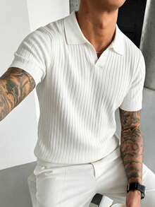 Men's Spring/Autumn Solid Color Fashion Versatile Minimalist Polo Collar Ribbed Knit Tops 3 Pieces, Suitable For Daily Commute And Dates - Multicolor - View 3