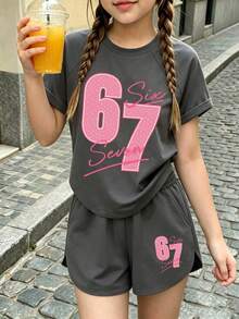 Youth Girl Numeric Print Round Neck Short Sleeve T-Shirt And Shorts Set - Dark Grey - View 1
