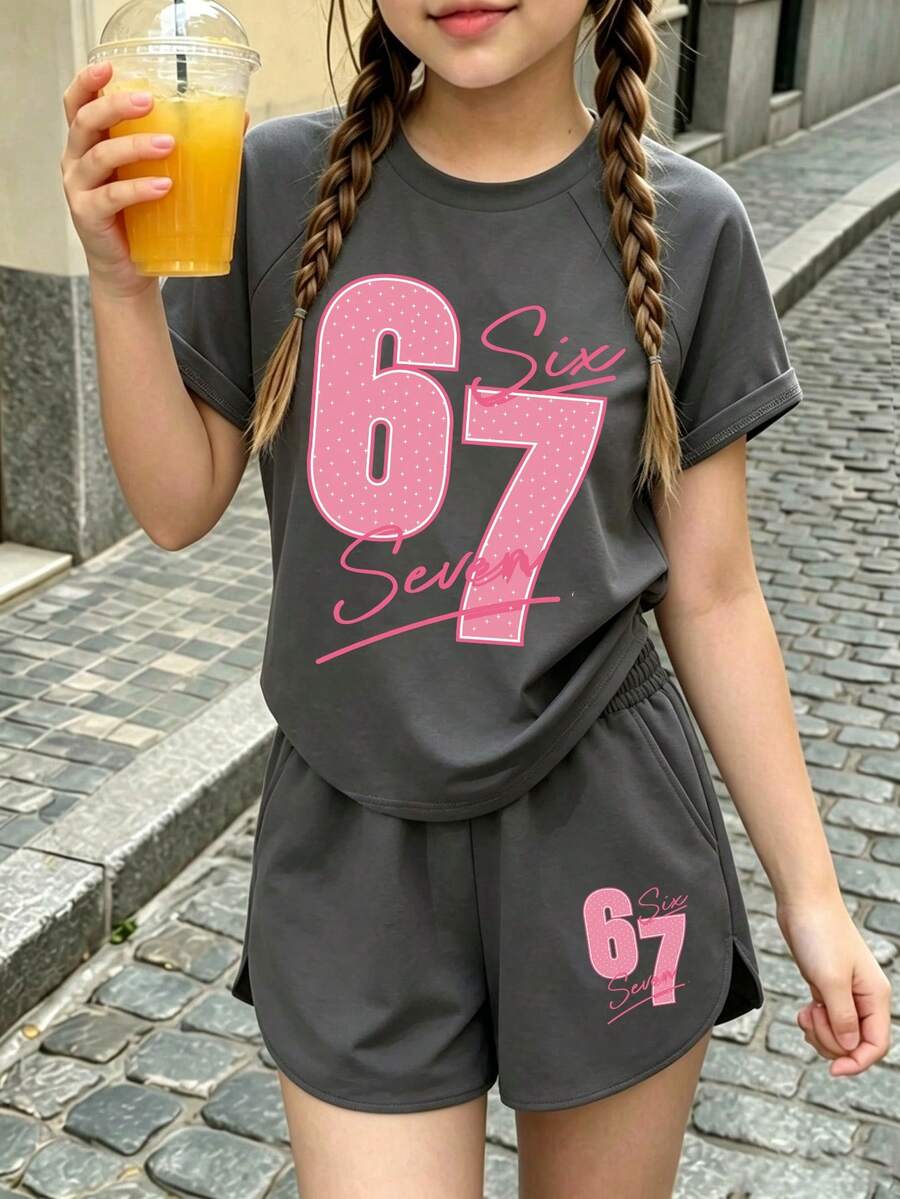 Youth Girl Numeric Print Round Neck Short Sleeve T-Shirt And Shorts Set - Dark Grey - View 1