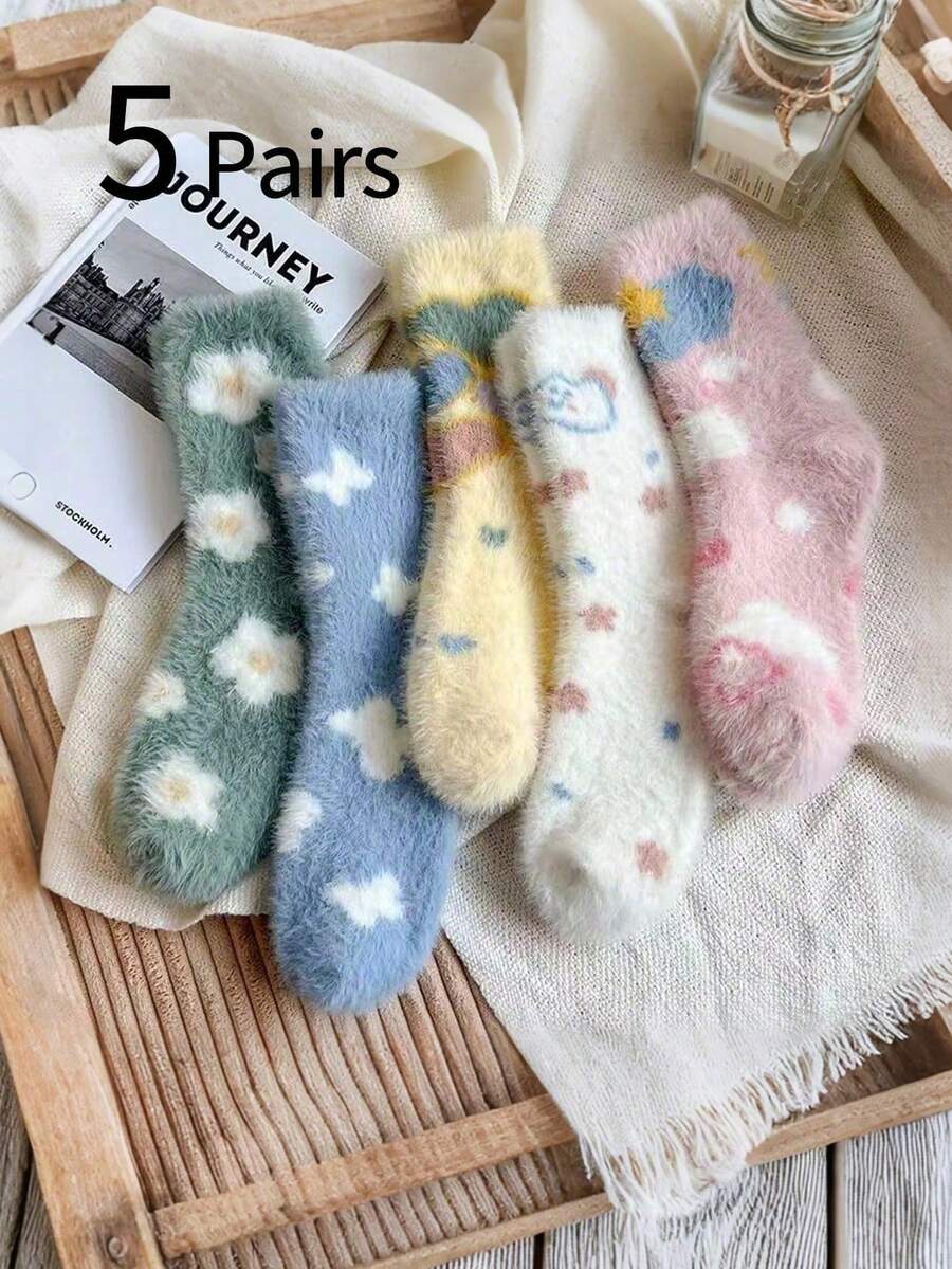 5 Pairs Women's Plush Knee-High Socks, Colorful Pattern Warm Socks, Soft And Comfortable, Suitable For Autumn/Winter, Random Colors, Halloween - Multicolor - View 1