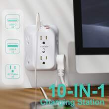 JcBlaon 10‑IN‑1 Surge Protector Wall Outlet Extender, Multi Plug Expander 6 Wide‑Spaced AC Outlets 4 USB Ports(2 USB‑C 2 USB‑A), 1050J Surge Protection Screw‑Mount Compact Power Charger For Dorm Bedroom Office Travel Essentials - US B Type Plug(110-127V) - View 1