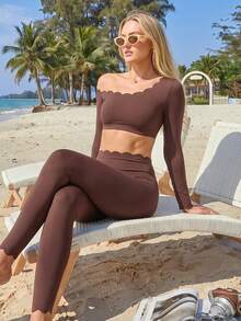 Women's Lace Trim Long Sleeve Cold Shoulder Sports Top, Skin-Friendly With Built-In Bra Pads, Versatile Yoga Fitness Top - Burgundy - View 5