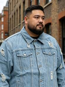 Men Denim Jacket Loose Plus Size Light Blue Ripped Distressed Long Sleeve Button Front Coat With Chest Pockets Casual Streetwear Outerwear - Baby Blue - View 7