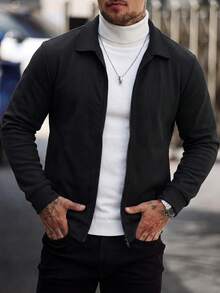 Men's Honeycomb Waffle Knit Turn Collar Full Zip Long Sleeve Jacket, Everyday Wear Sweatshirt - Black - View 1