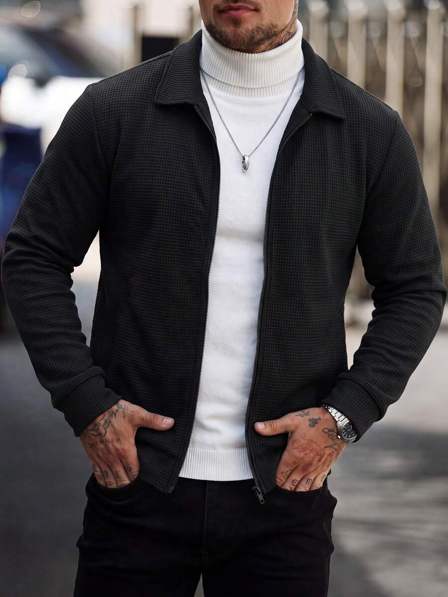 Men's Honeycomb Waffle Knit Turn Collar Full Zip Long Sleeve Jacket, Everyday Wear Sweatshirt - Black - View 1