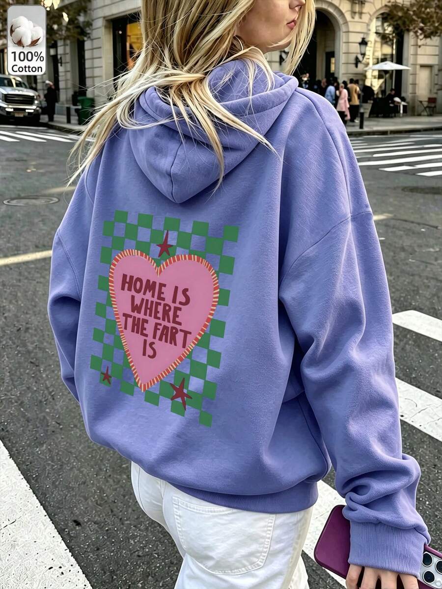 Women's Casual Long-Sleeve Hooded Sweatshirt For Autumn And Winter, Y2K Street Style, Featuring "Home Is Where The Fart Is" Letter Print. - Purple Orchid - View 1