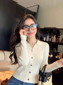Women's Design Metal Button Lapel Ribbed Knit Cardigan, Single-Breasted Slim Fit Flattering Inner Layer Sweater Top, Autumn/Winter New Style - Apricot - View 2