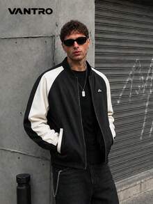 American Retro Minimalist Men's Full Zip Ribbed Cuff Aviator Jacket, Black And White Contrast Color Mountain Logo Detail Flight Jacket - Black - View 1