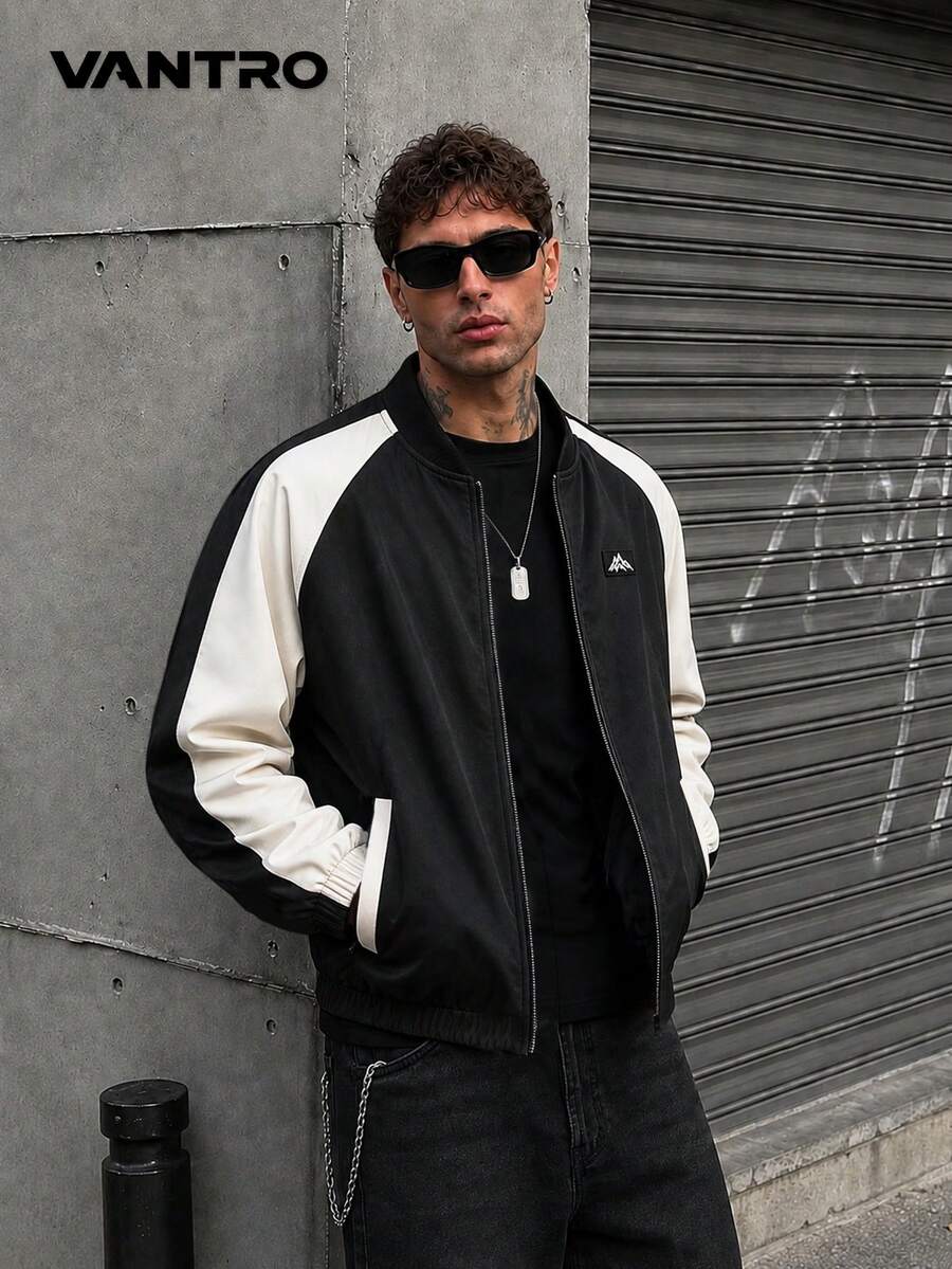 American Retro Minimalist Men's Full Zip Ribbed Cuff Aviator Jacket, Black And White Contrast Color Mountain Logo Detail Flight Jacket - Black - View 1