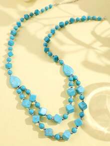 1pc New Double-Layer Multi-Shape Turquoise Beaded Handmade Necklace, Relaxed Bohemian Women's Neck Accessory, Suitable For Island Beach Vacation And Daily Wear - Multicolor - View 3