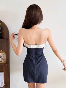 Top Dazzle Casual Pinstripe Tube Top Mini Dress With Ruffled Bustier And Backless Detail For A Chic And Flirty Look - Blue - View 9