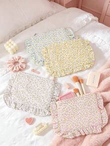 Cute Floral Print Makeup Bag With Pleated Edge Design,Large Capacity Handbag,Portable Zipper Storage Bag,Travel Storage Bag,Coin Wallet,Toiletries Bag - Multicolor - View 8