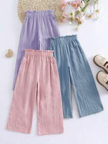 3pcs/Set Girls' Elastic Waist Solid Color Pants, Made Of 100% Cotton Double-Layer Gauze Fabric, Breathable, Decorated With Cute Ruffle Bow At Waist, Suitable For Spring/Summer, Travel Or Casual Daily Wear - Dusty Blue - View 2