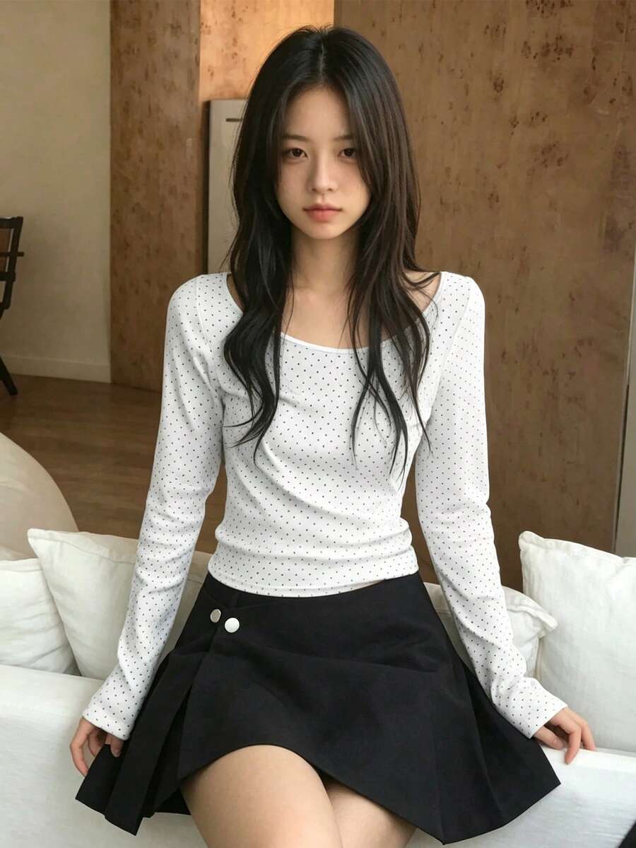 YCYC 韓式簡約百搭女款長袖波點打底上衣 白色休閒 - 白色 - 查看 1