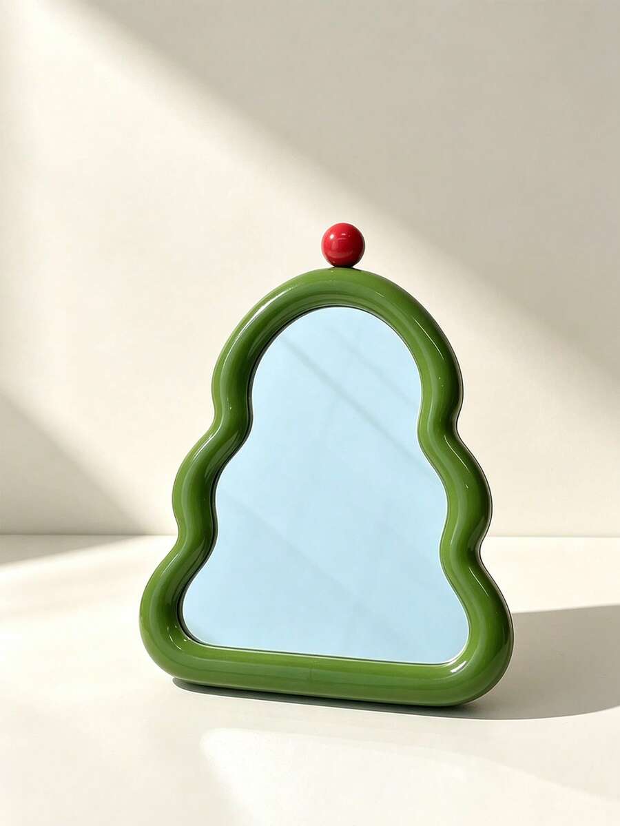 1PC Cute Christmas Tree Desktop & Wall‑Mount Makeup Mirror, Irregular Wavy Frame Vanity Mirror, Foldable Stand HD Cosmetic Mirror For Bedroom Dorm Table Wall Decor - Tree - View 1