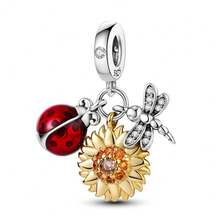 1pc Silver-Plated Plant & Flower Beaded Pendant, Color-Blocked Gold-Plated Cactus, Sunflower, Ladybug & Dragonfly Combination, Colorful Enamel & Rhinestone Fresh Natural Style, Suitable For Bracelet & Necklace, Perfect For Handmade DIY Jewelry Making & Mori Style Daily Gifts - Multicolor - View 14