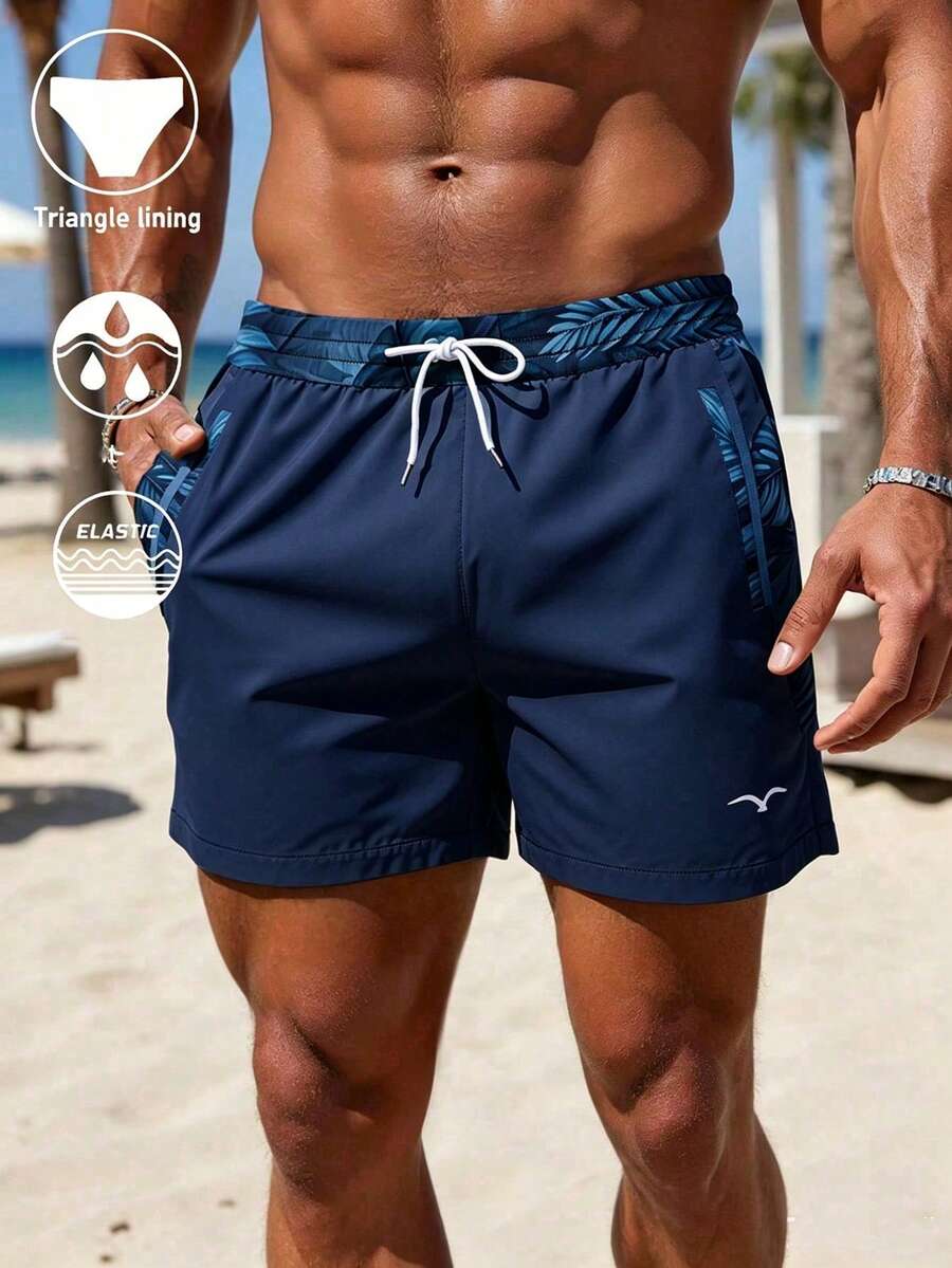 Men's Hawaiian Print Swim Trunks, Lined Tropical Palm Leaf Beach Shorts