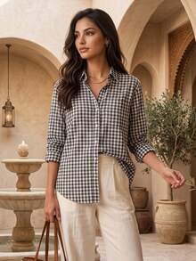 Women's Spring Autumn All-Season Versatile Casual Daily Plaid Long Sleeve Shirt, Back To School Outing Boho Casual Outing Versatile Black - Black - View 1