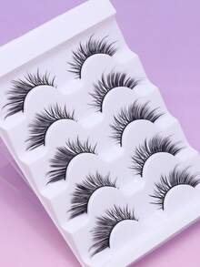 5 Pairs Fox‑Eye Wing‑Tipped Full‑Strip False Eyelashes, Natural Outer‑Corner Extended Korean‑Style Lashes, Soft Wispy Upswept Eyelashes, Eye‑Lifting Glam For Daily Dating & Night‑Out Makeup Look - Black - View 6