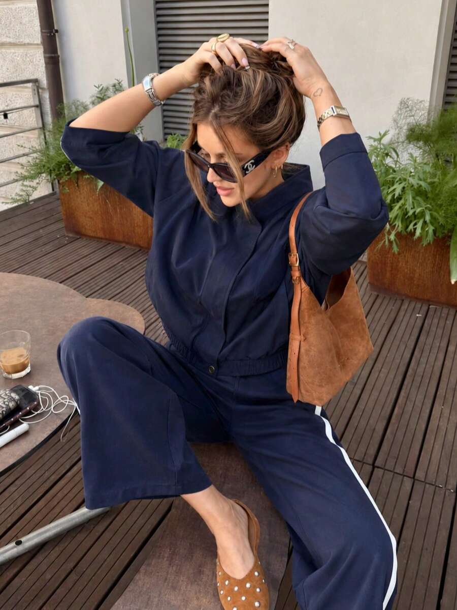Setelan 2 Potong Wanita Kasual dengan Kancing dan Resleting, Warna Polos, Gaya Akademi Penerbangan, Pakaian Kasual Sporty - Navy Blue - View 1