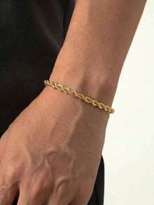 1 Pc 18K Gold Plated Stainless Steel Rope Chain Bracelet, Classic Twist Chain For Men Women, Daily Wear Unisex Jewelry - Gold - View 2