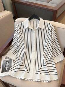 Women's Single-Breasted Casual Loose Striped Mid-Sleeve Shirt - Apricot - View 7