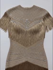Modphy New Women's Sexy Rhinestone Tassel Dress, Elegant High Elasticity Knit Fitted Long Bandage Dress, Suitable For Wedding, Formal Dinner, Party - Apricot - View 8